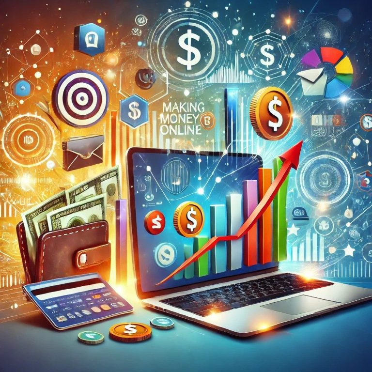 A laptop with digital earnings and financial growth symbols, representing a step-by-step course on making money online.