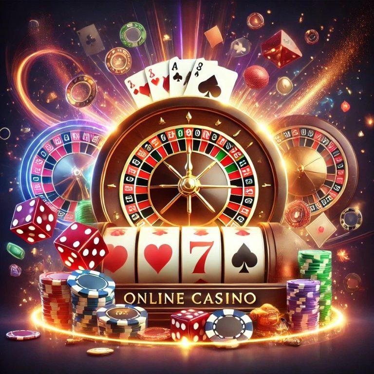 A casino scene with a roulette wheel, poker chips, dice, and a glowing jackpot, representing online gambling and big wins.