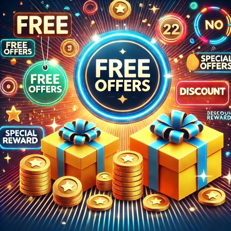 Colorful gift boxes and golden coins representing free deals and exclusive rewards.