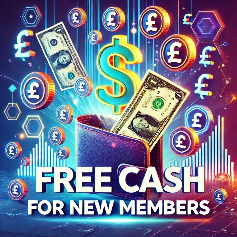 Floating dollar signs ($) and pound signs (£) with digital cash and a glowing wallet, symbolizing free cash rewards for new members.