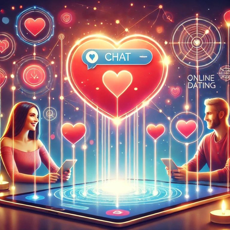 A romantic scene with hearts, chat bubbles, and a couple connecting online, symbolizing digital dating and relationships.