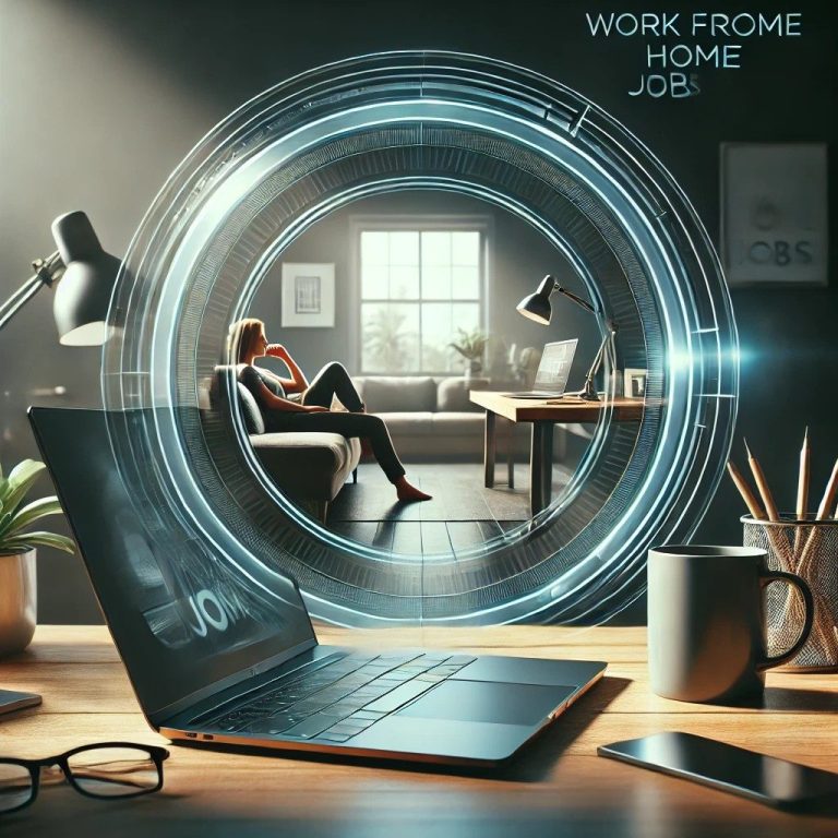 A modern home office setup with a laptop and coffee cup, symbolizing remote work and online job opportunities.