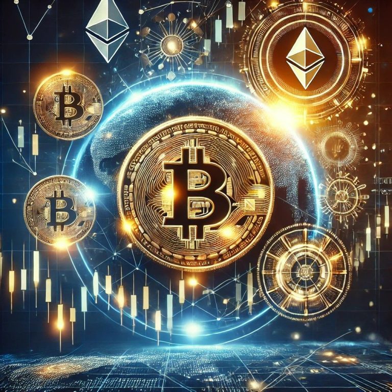 Cryptocurrency symbols like Bitcoin and Ethereum with market charts and blockchain graphics, representing beginner-friendly crypto trading.