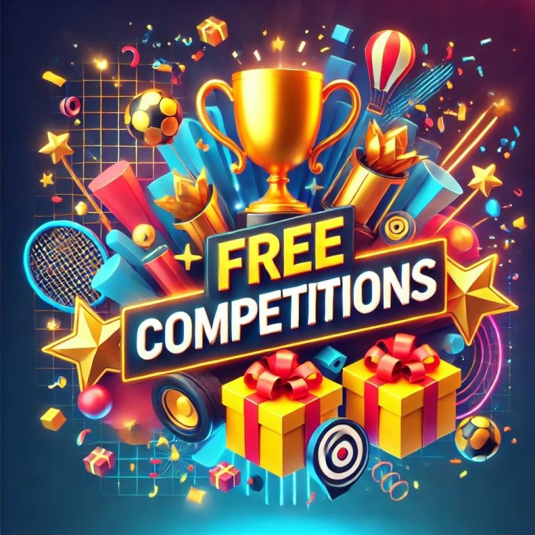 Golden trophies, gift boxes, and confetti representing free competitions and exciting prize giveaways.
