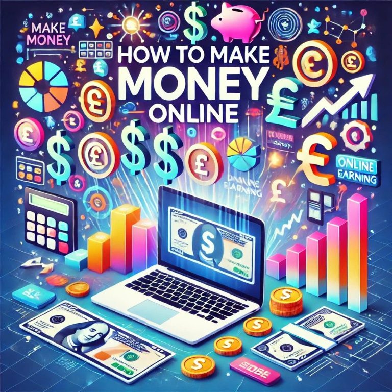 Floating dollar signs ($) and pound signs (£) with digital cash and financial growth symbols, representing online money-making opportunities