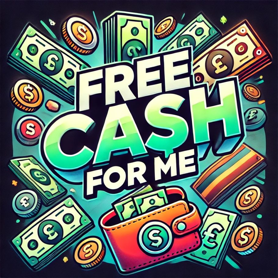 A vibrant and catchy logo for FREE CASH FOR ME, featuring floating banknotes, a wallet, and currency symbols like dollar signs ($) and pound signs (£), with a green color scheme representing money and financial success.